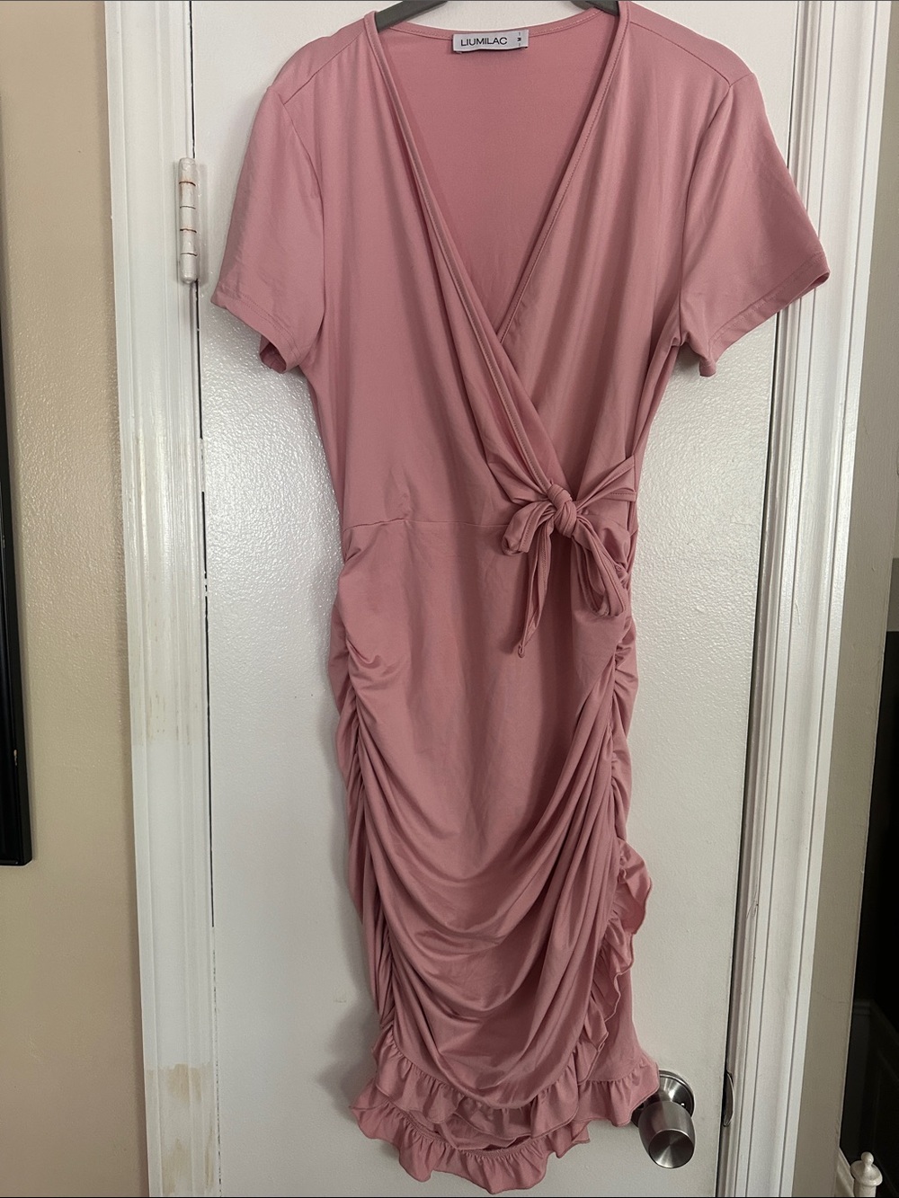 Lumilac Rose Pink Midi Wrap Dress with Side Ruching